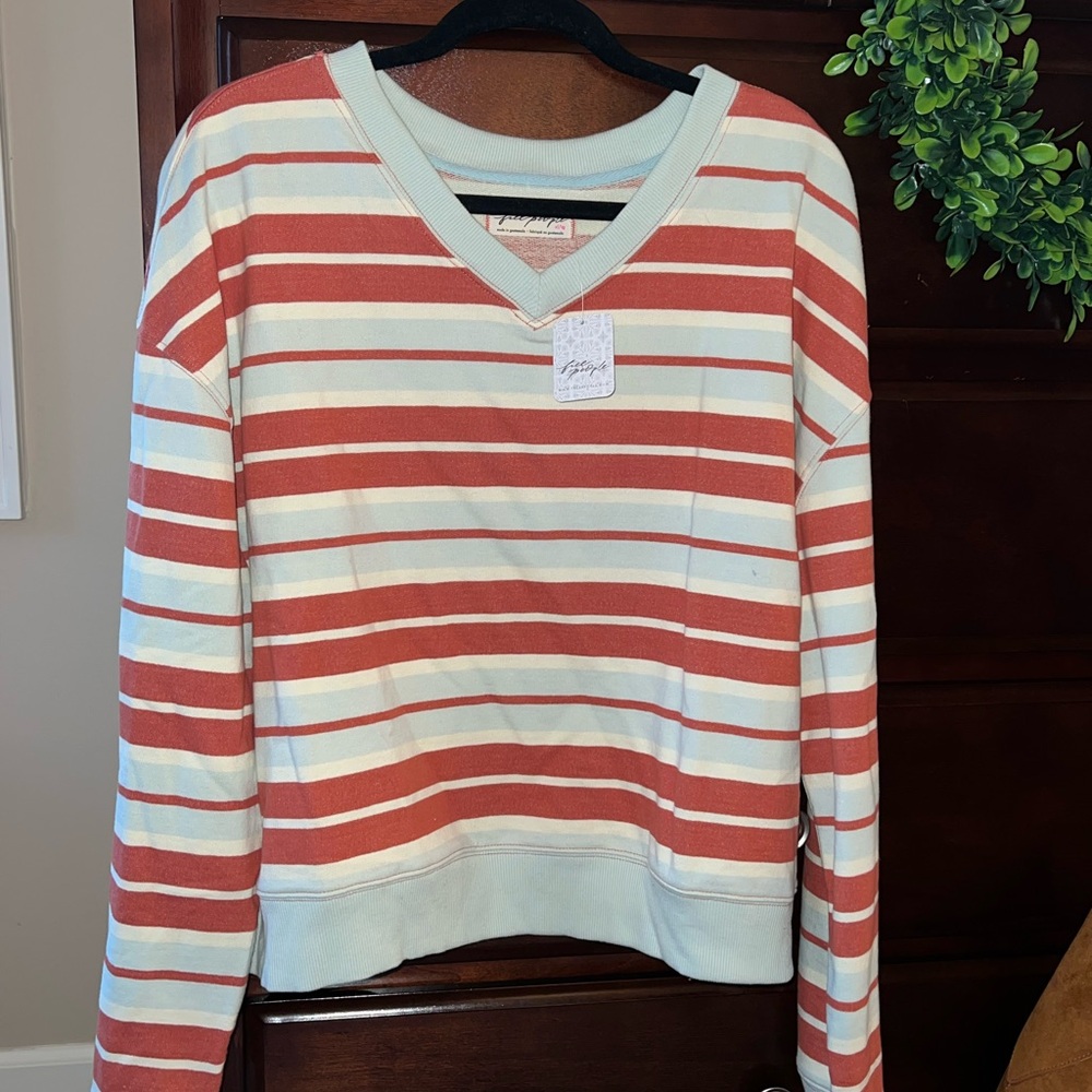 Free People Striped Sweatshirt in Red and Cream